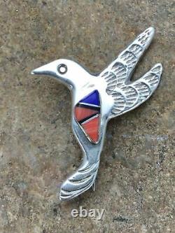 Native American Navajo Sterling Silver Spiny Oyster Lapis Hummingbird Pin 2902