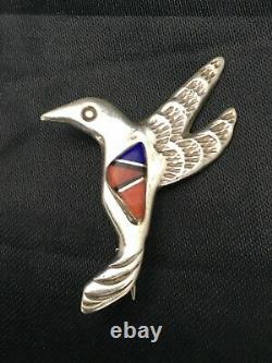 Native American Navajo Sterling Silver Spiny Oyster Lapis Hummingbird Pin 2902