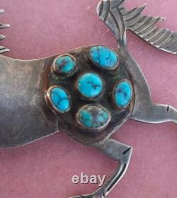 Native American Navajo Sterling Silver Turquoise Cluster Unicorn Pendant Pin BIG