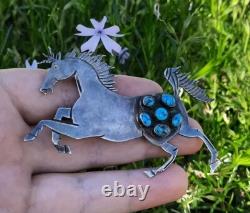 Native American Navajo Sterling Silver Turquoise Cluster Unicorn Pendant Pin BIG