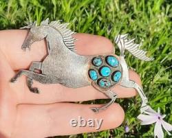 Native American Navajo Sterling Silver Turquoise Cluster Unicorn Pendant Pin BIG