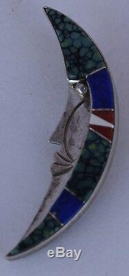Native American Navajo Sterling gem inlay half moon face Brooch pin Marie Tsosie