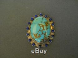 Native American Navajo Turquoise and Lapis Sterling Silver Pendant / Pin, Signed