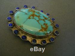 Native American Navajo Turquoise and Lapis Sterling Silver Pendant / Pin, Signed