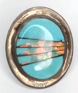Native American Navajo Zuni Pin Turquoise With Fire Opal Inlay Sterling Silver