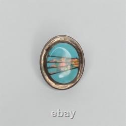 Native American Navajo Zuni Pin Turquoise With Fire Opal Inlay Sterling Silver