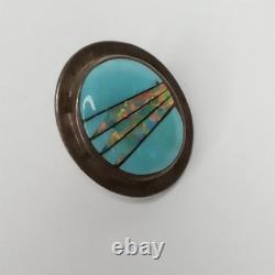 Native American Navajo Zuni Pin Turquoise With Fire Opal Inlay Sterling Silver