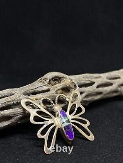 Native American Navajo inlayed Sugilite, Jet, &Opal Sterling butterfly pin