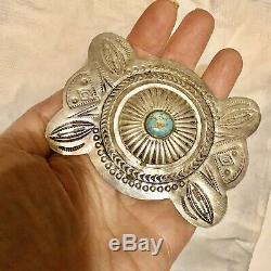 Native American Pawn Sterling Silver Turquoise Stamped Concho Brooch Pin Navajo