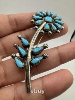 Native American Petit Point NICKEL SILVER Cluster Turquoise Flower Brooch Pin
