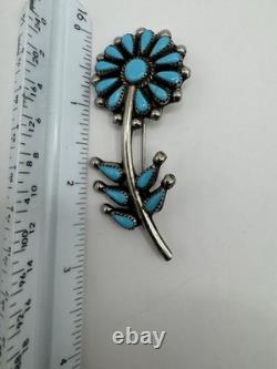 Native American Petit Point NICKEL SILVER Cluster Turquoise Flower Brooch Pin
