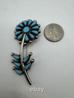 Native American Petit Point NICKEL SILVER Cluster Turquoise Flower Brooch Pin