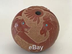 Native American Pojoaque Pueblo Sgraffito Seed Pot Redware by Puuya Pin 8 1/2 D