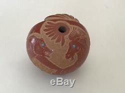 Native American Pojoaque Pueblo Sgraffito Seed Pot Redware by Puuya Pin 8 1/2 D