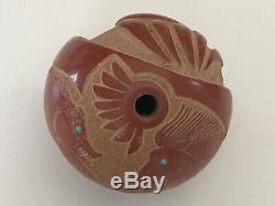 Native American Pojoaque Pueblo Sgraffito Seed Pot Redware by Puuya Pin 8 1/2 D