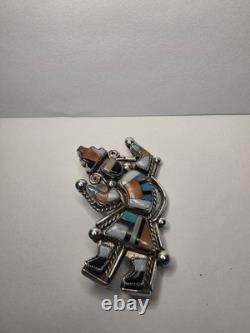 Native American Rare Zuni Inlaid Sterling Silver Rainbowman Brooch BROKEN PIN