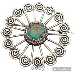 Native American STERLING SILVER Royston TURQUOISE Sacred Spiral PIN BROOCH