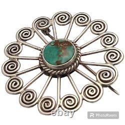 Native American STERLING SILVER Royston TURQUOISE Sacred Spiral PIN BROOCH