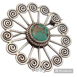 Native American STERLING SILVER Royston TURQUOISE Sacred Spiral PIN BROOCH