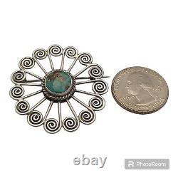 Native American STERLING SILVER Royston TURQUOISE Sacred Spiral PIN BROOCH