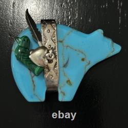 Native American Signed Carolyn Pollack Sterling Silver Turquoise Bear Brooch Pin