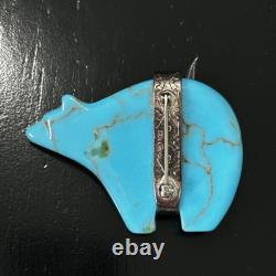 Native American Signed Carolyn Pollack Sterling Silver Turquoise Bear Brooch Pin