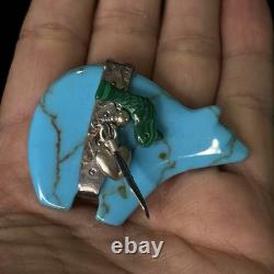 Native American Signed Carolyn Pollack Sterling Silver Turquoise Bear Brooch Pin