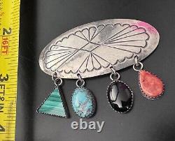 Native American Signed JJ Sterling Silver Turquoise Dangle Stones Brooch PIN