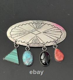 Native American Signed JJ Sterling Silver Turquoise Dangle Stones Brooch PIN