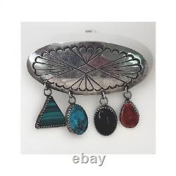 Native American Signed JJ Sterling Silver Turquoise Dangle Stones Brooch PIN