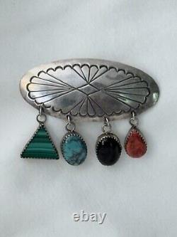 Native American Signed JJ Sterling Silver Turquoise Dangle Stones Brooch PIN