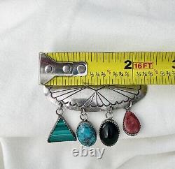 Native American Signed JJ Sterling Silver Turquoise Dangle Stones Brooch PIN