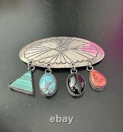 Native American Signed JJ Sterling Silver Turquoise Dangle Stones Brooch PIN