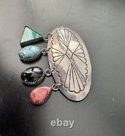 Native American Signed JJ Sterling Silver Turquoise Dangle Stones Brooch PIN