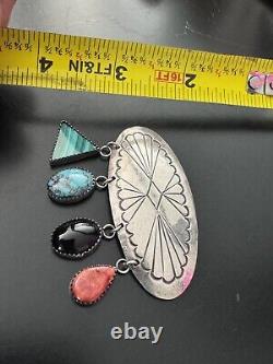 Native American Signed JJ Sterling Silver Turquoise Dangle Stones Brooch PIN