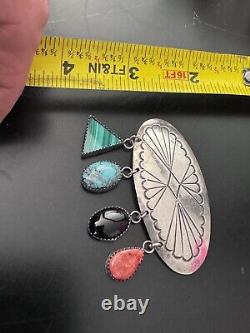 Native American Signed JJ Sterling Silver Turquoise Dangle Stones Brooch PIN