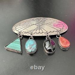 Native American Signed JJ Sterling Silver Turquoise Dangle Stones Brooch PIN