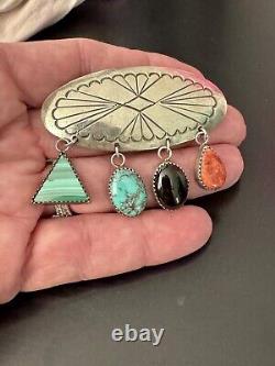 Native American Signed JJ Sterling Silver Turquoise Dangle Stones Brooch PIN