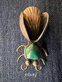 Native American Silver Bug Pin Turquois Cabochon Stamp Work Insect Not Signed