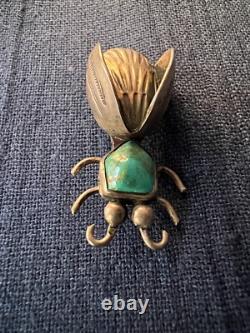 Native American Silver Bug Pin Turquois Cabochon Stamp Work Insect Not Signed