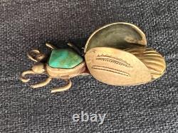 Native American Silver Bug Pin Turquois Cabochon Stamp Work Insect Not Signed