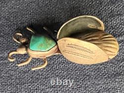 Native American Silver Bug Pin Turquois Cabochon Stamp Work Insect Not Signed