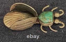 Native American Silver Bug Pin Turquois Cabochon Stamp Work Insect Not Signed