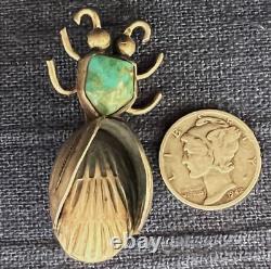 Native American Silver Bug Pin Turquois Cabochon Stamp Work Insect Not Signed