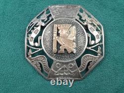 Native American Silver Octagon Shaped Pin with Aztec Mythos Theme 1.75 dia