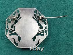 Native American Silver Octagon Shaped Pin with Aztec Mythos Theme 1.75 dia