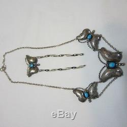 Native American Silver & Turquoise Butterfly Necklace w Matching Hair Pin