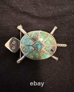 Native American Silver Turquoise Inlay Brooch/Pin Turtle Design