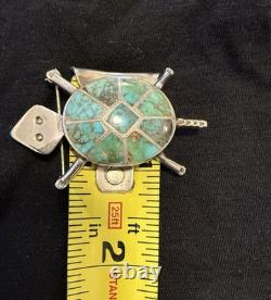Native American Silver Turquoise Inlay Brooch/Pin Turtle Design
