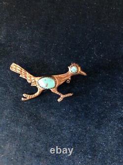Native American Silver and Turquoise Roadrunner Vintage Brooch Pin